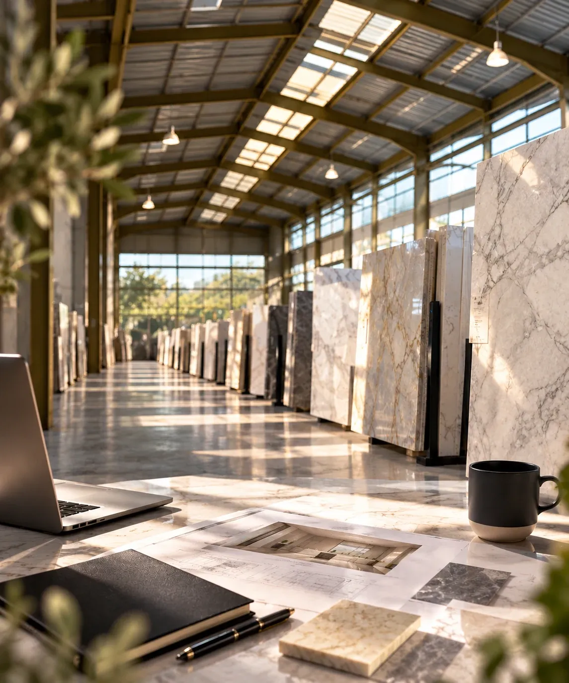 Warehouse interior with stone slabs and samples